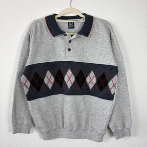 90s Grandpa Argyle Henley Crewneck Sweatshirt Men's M Vintage Y2K Winter